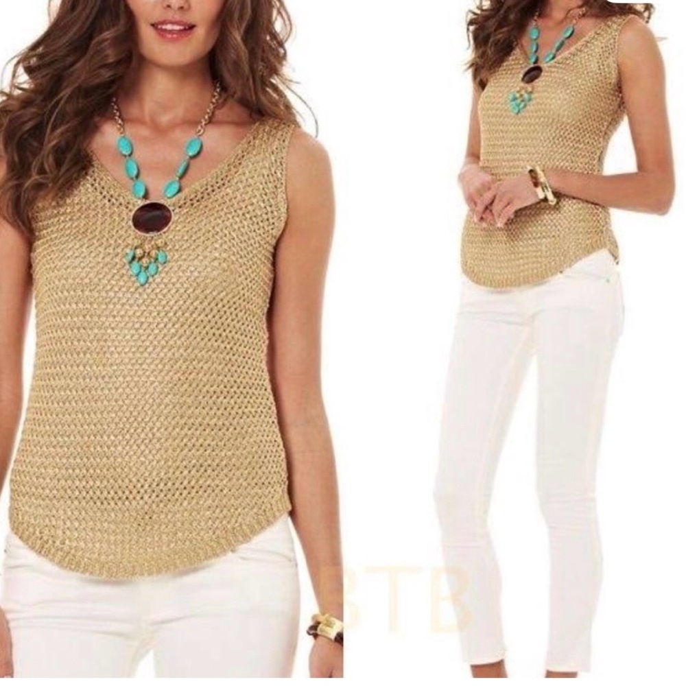 Lilly Pulitzer gold metallic Gina shimmer sleeveless knit top lightweight